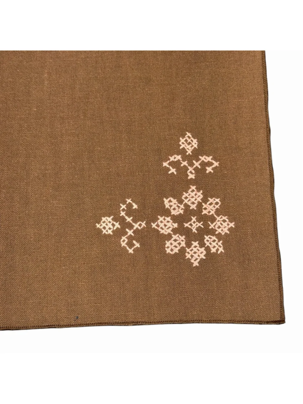 Vintage Set of 3 Brown Linen Embroidered Napkins Pink Cross Stitch Floral Table
